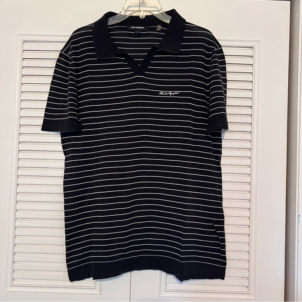 Men Karl Lagerfeld Black and White Striped Polo Shirt
